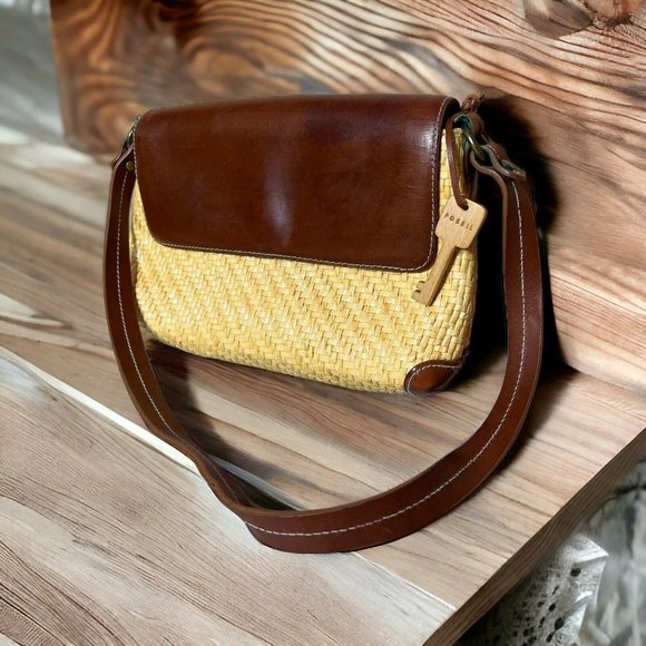 Fossil Straw Woven Shoulder Bag Brown Leather - Picture 3 of 12